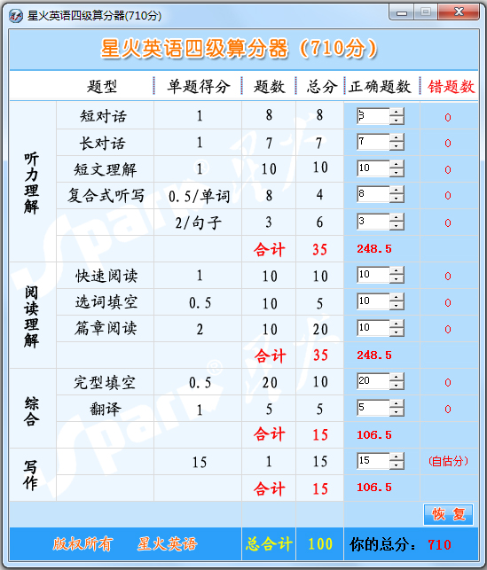 星火英语四级算分器 V1.0 绿色版