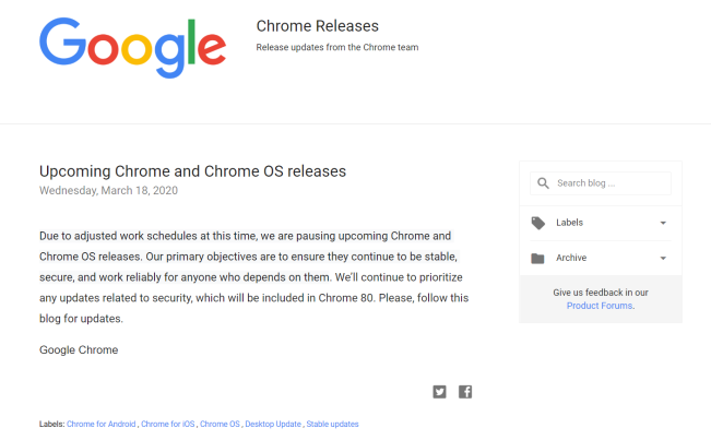 谷歌暂停 Chrome 和 Chrome OS 的版本更新